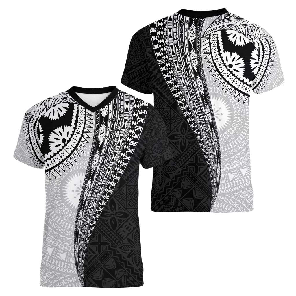 Fijian Masi Tattoos Women V-Neck T-Shirt with Tapa Tribal Pattern LT03 - Polynesian Pride