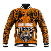 PNG Lae Snax Tigers Rugby Baseball Jacket The Tigers Head and PNG Bird Polynesian Tattoo LT03 Unisex Orange - Polynesian Pride