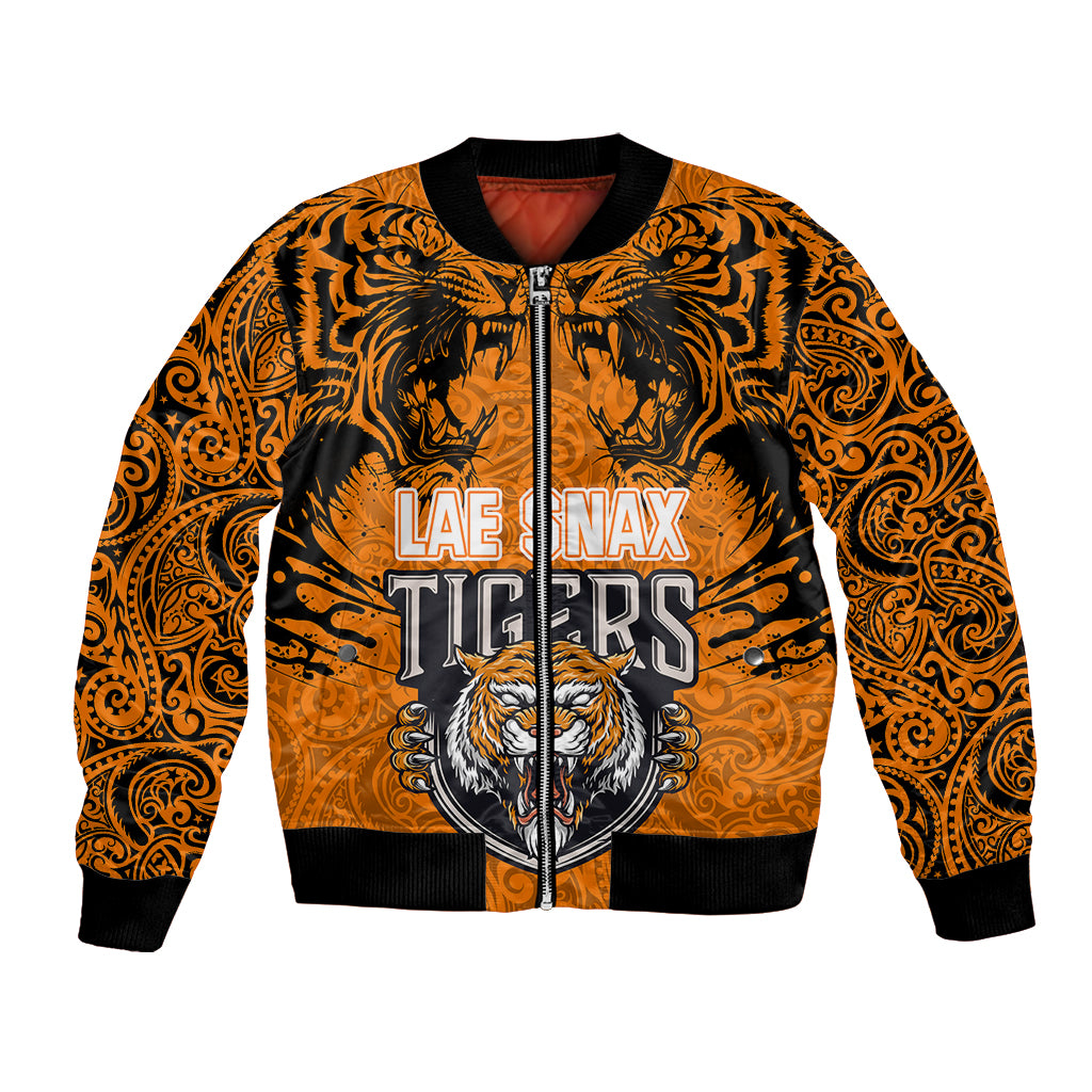 PNG Lae Snax Tigers Rugby Bomber Jacket The Tigers Head and PNG Bird Polynesian Tattoo LT03 Unisex Orange - Polynesian Pride