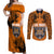 PNG Lae Snax Tigers Rugby Couples Matching Off Shoulder Maxi Dress and Long Sleeve Button Shirts The Tigers Head and PNG Bird Polynesian Tattoo LT03 Orange - Polynesian Pride