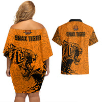 PNG Lae Snax Tigers Rugby Couples Matching Off Shoulder Short Dress and Hawaiian Shirt The Tigers Head and PNG Bird Polynesian Tattoo LT03 - Polynesian Pride
