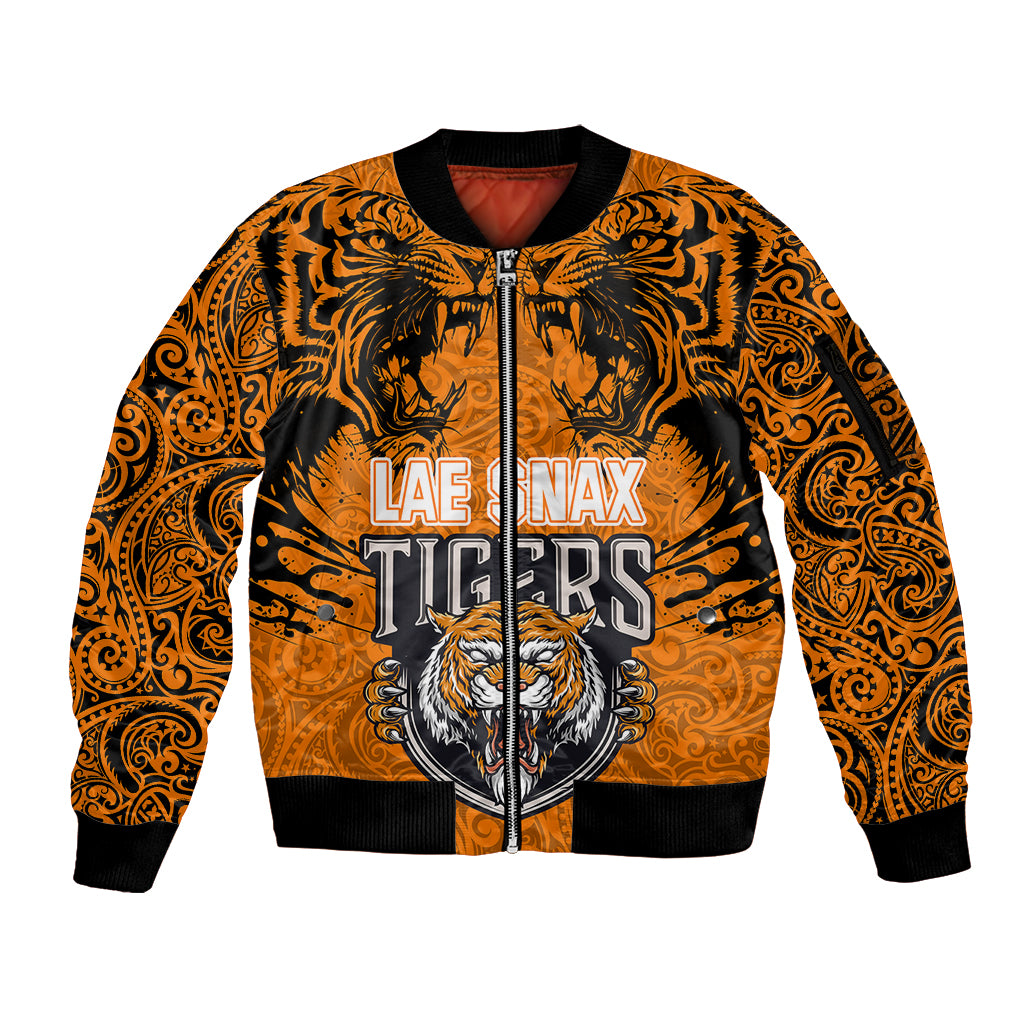 PNG Lae Snax Tigers Rugby Sleeve Zip Bomber Jacket The Tigers Head and PNG Bird Polynesian Tattoo LT03 Unisex Orange - Polynesian Pride