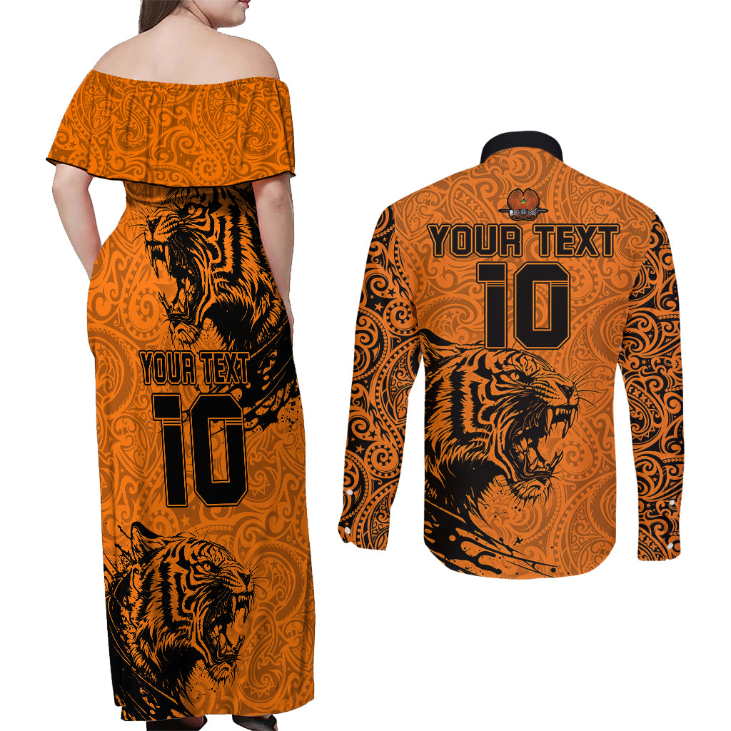 Custom PNG Lae Snax Tigers Rugby Couples Matching Off Shoulder Maxi Dress and Long Sleeve Button Shirts The Tigers Head and PNG Bird Polynesian Tattoo LT03 - Polynesian Pride