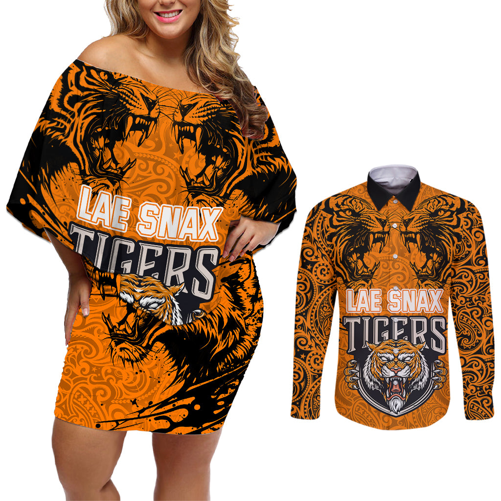 Custom PNG Lae Snax Tigers Rugby Couples Matching Off Shoulder Short Dress and Long Sleeve Button Shirts The Tigers Head and PNG Bird Polynesian Tattoo LT03 Orange - Polynesian Pride
