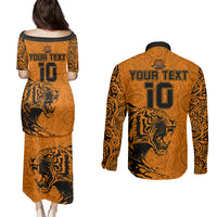 Custom PNG Lae Snax Tigers Rugby Couples Matching Puletasi Dress and Long Sleeve Button Shirts The Tigers Head and PNG Bird Polynesian Tattoo LT03 - Polynesian Pride