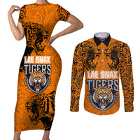 Custom PNG Lae Snax Tigers Rugby Couples Matching Short Sleeve Bodycon Dress and Long Sleeve Button Shirts The Tigers Head and PNG Bird Polynesian Tattoo LT03 Orange - Polynesian Pride