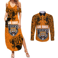 Custom PNG Lae Snax Tigers Rugby Couples Matching Summer Maxi Dress and Long Sleeve Button Shirts The Tigers Head and PNG Bird Polynesian Tattoo LT03 Orange - Polynesian Pride