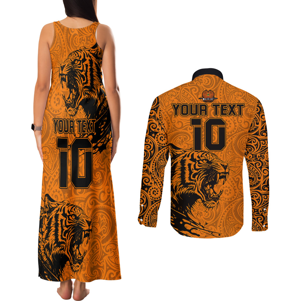 Custom PNG Lae Snax Tigers Rugby Couples Matching Tank Maxi Dress and Long Sleeve Button Shirts The Tigers Head and PNG Bird Polynesian Tattoo LT03 - Polynesian Pride