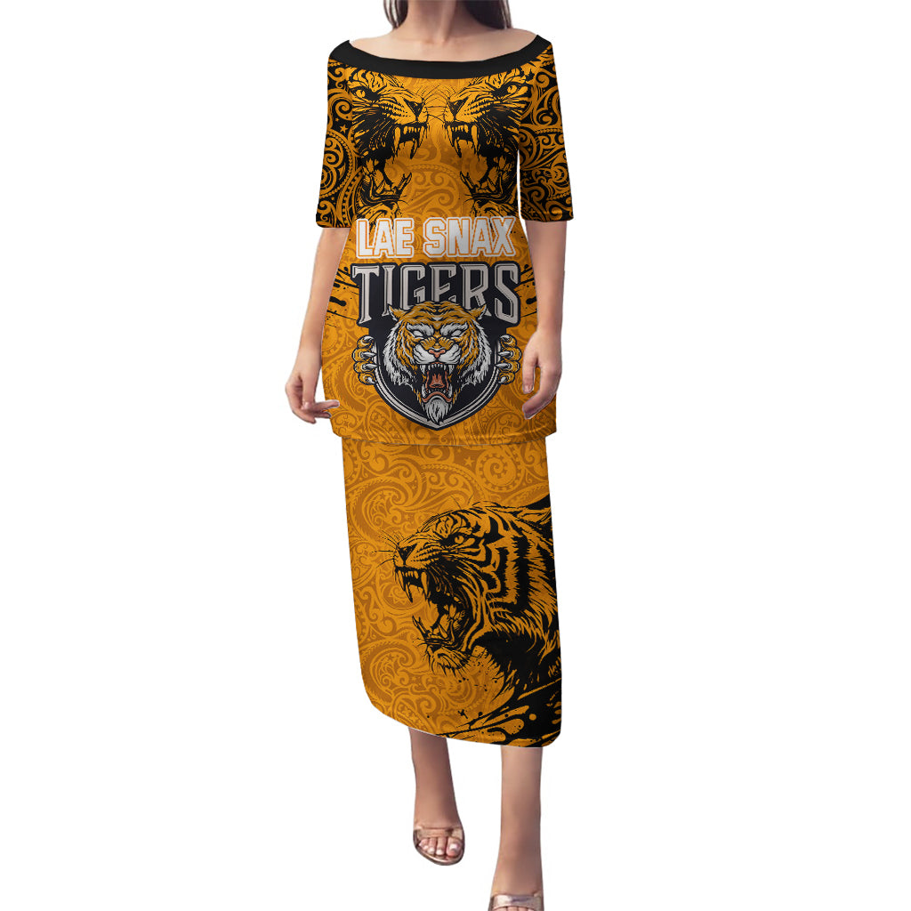 Custom PNG Lae Snax Tigers Rugby Puletasi The Tigers Head and PNG Bird Polynesian Tattoo LT03 Long Dress Orange - Polynesian Pride