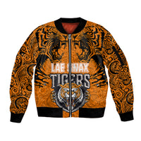 Custom PNG Lae Snax Tigers Rugby Sleeve Zip Bomber Jacket The Tigers Head and PNG Bird Polynesian Tattoo LT03 Unisex Orange - Polynesian Pride