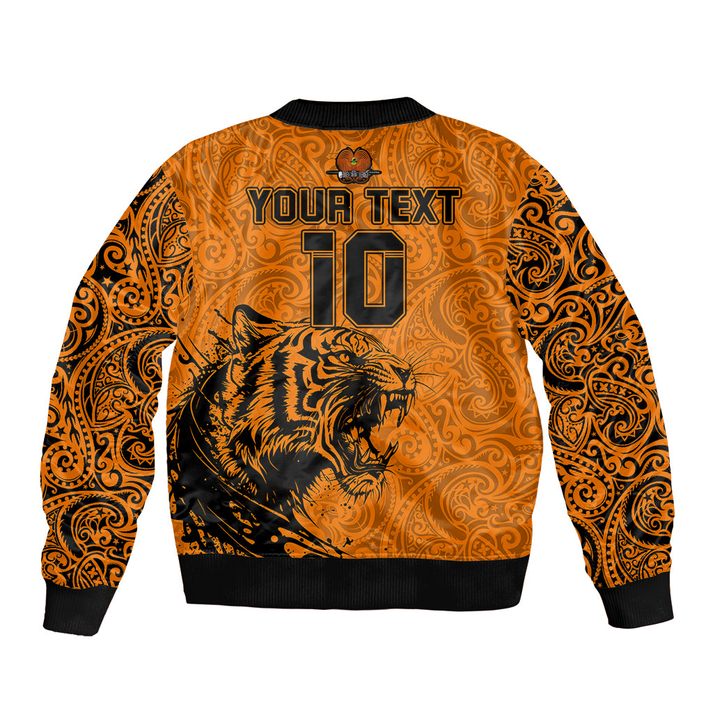 Custom PNG Lae Snax Tigers Rugby Sleeve Zip Bomber Jacket The Tigers Head and PNG Bird Polynesian Tattoo LT03 - Polynesian Pride