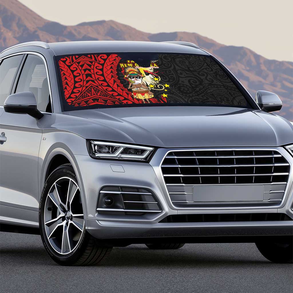 Papua New Guinea Christmas Auto Sun Shade Funny Melanesian Santa with Bird-of-paradise Tribal Style - Polynesian Pride