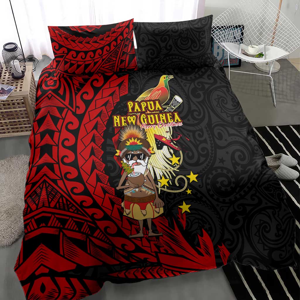Papua New Guinea Christmas Bedding Set Funny Melanesian Santa with Bird-of-paradise Tribal Style - Polynesian Pride