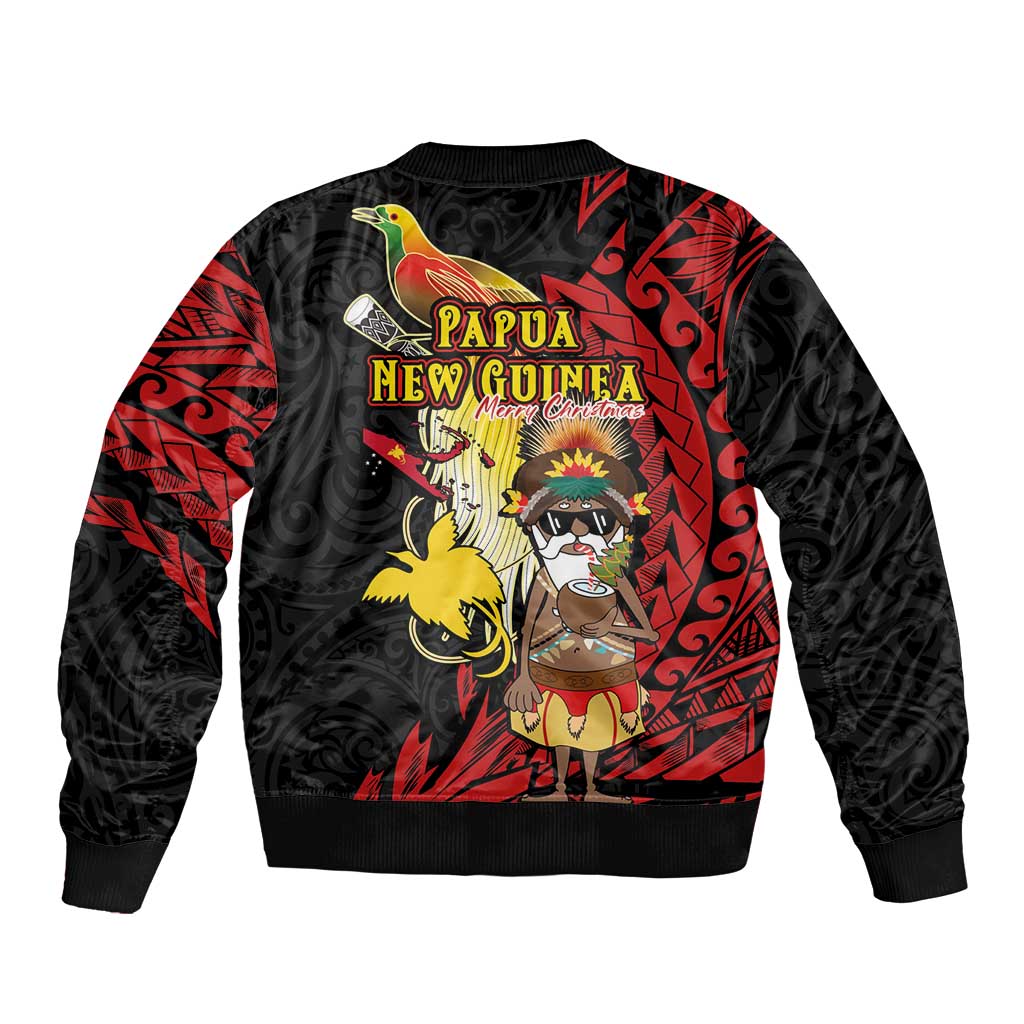 Papua New Guinea Christmas Bomber Jacket Funny Melanesian Santa with Bird-of-paradise Tribal Style - Polynesian Pride
