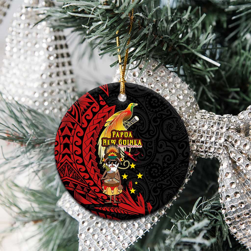 Papua New Guinea Christmas Ceramic Ornament Funny Melanesian Santa with Bird-of-paradise Tribal Style - Polynesian Pride