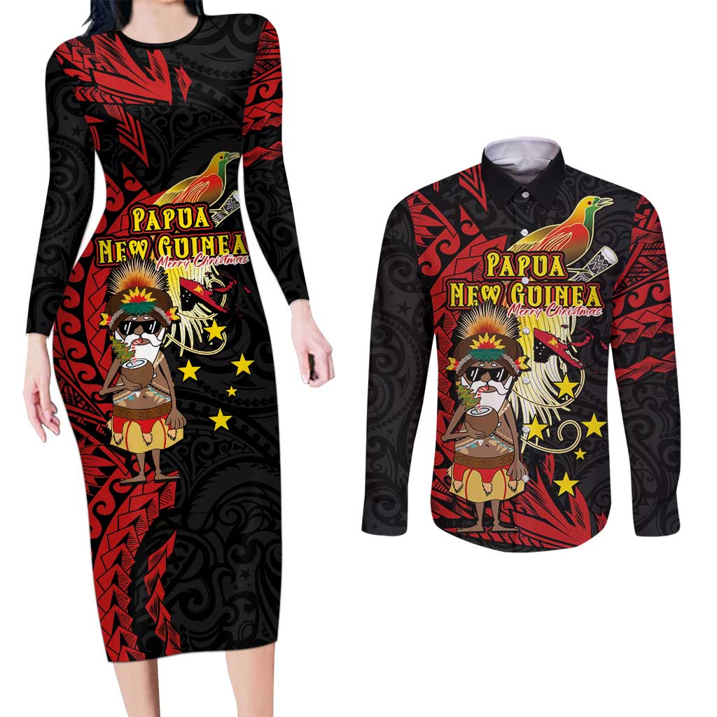 Papua New Guinea Christmas Couples Matching Long Sleeve Bodycon Dress and Long Sleeve Button Shirt Funny Melanesian Santa with Bird-of-paradise Tribal Style - Polynesian Pride