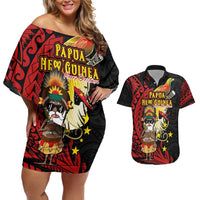 Papua New Guinea Christmas Couples Matching Off Shoulder Short Dress and Hawaiian Shirt Funny Melanesian Santa with Bird-of-paradise Tribal Style - Polynesian Pride