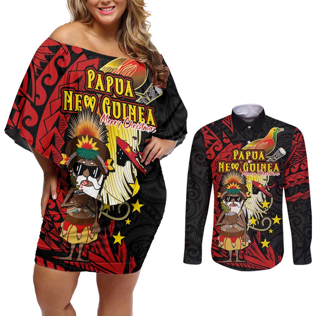 Papua New Guinea Christmas Couples Matching Off Shoulder Short Dress and Long Sleeve Button Shirt Funny Melanesian Santa with Bird-of-paradise Tribal Style - Polynesian Pride