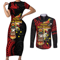 Papua New Guinea Christmas Couples Matching Short Sleeve Bodycon Dress and Long Sleeve Button Shirt Funny Melanesian Santa with Bird-of-paradise Tribal Style - Polynesian Pride