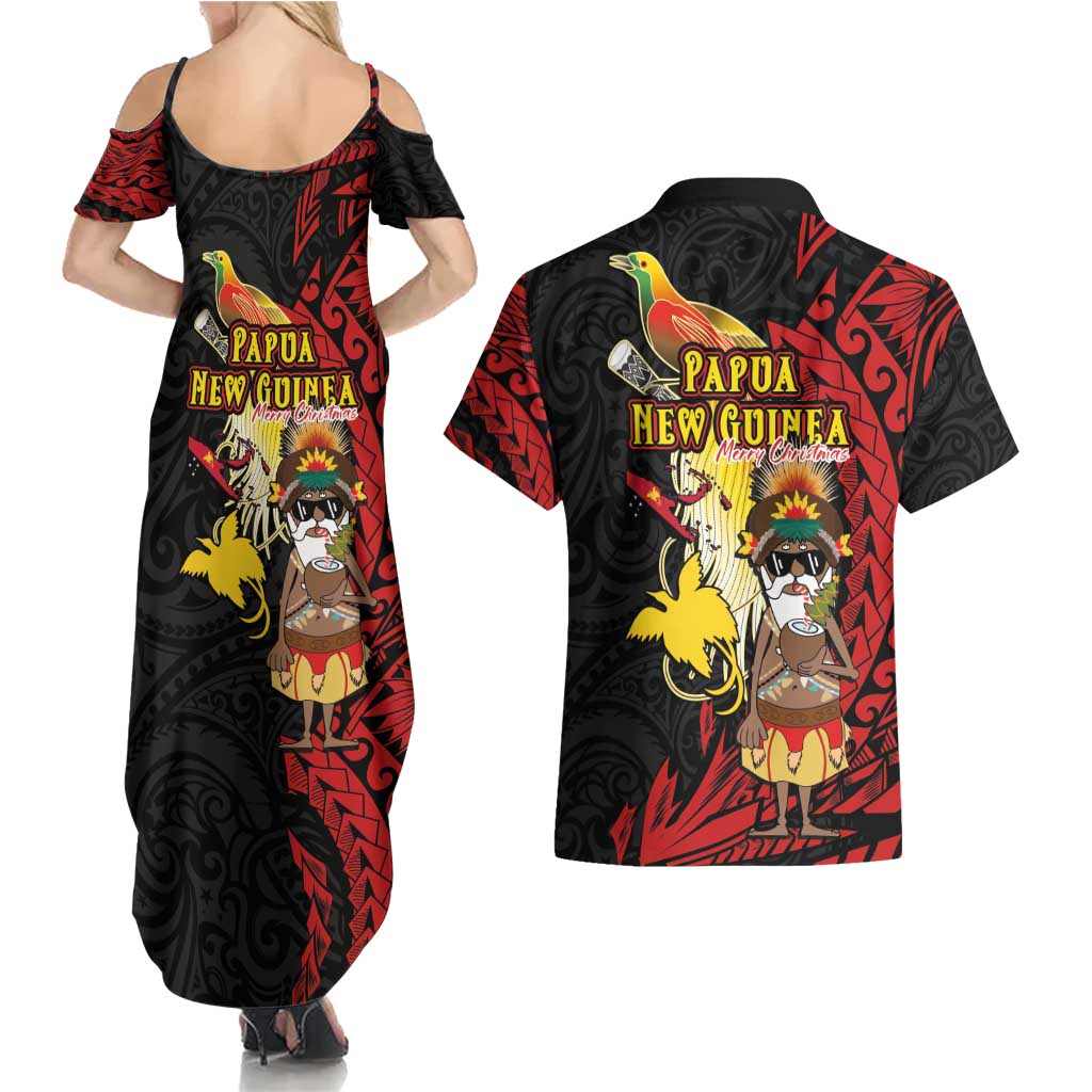 Papua New Guinea Christmas Couples Matching Summer Maxi Dress and Hawaiian Shirt Funny Melanesian Santa with Bird-of-paradise Tribal Style - Polynesian Pride