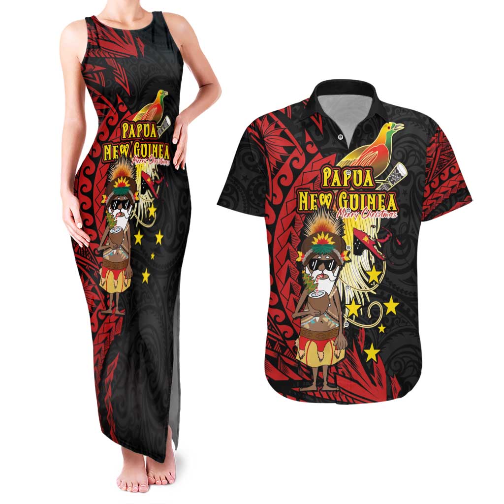 Papua New Guinea Christmas Couples Matching Tank Maxi Dress and Hawaiian Shirt Funny Melanesian Santa with Bird-of-paradise Tribal Style - Polynesian Pride