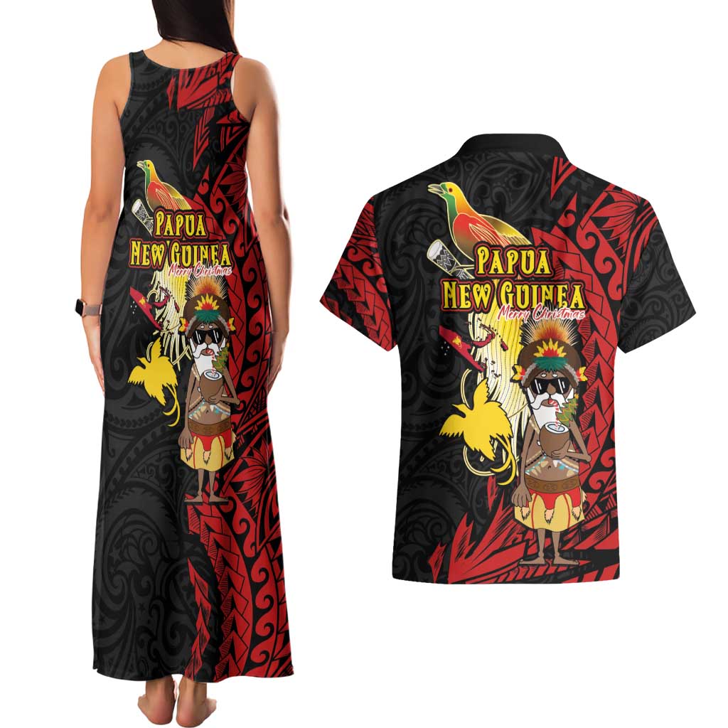 Papua New Guinea Christmas Couples Matching Tank Maxi Dress and Hawaiian Shirt Funny Melanesian Santa with Bird-of-paradise Tribal Style - Polynesian Pride