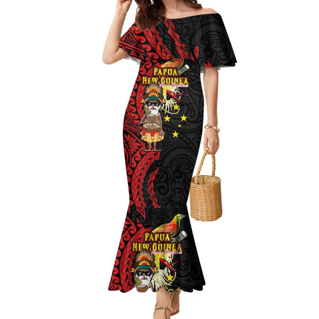 Papua New Guinea Christmas Family Matching Mermaid Dress and Hawaiian Shirt Funny Melanesian Santa with Bird-of-paradise Tribal Style - Polynesian Pride
