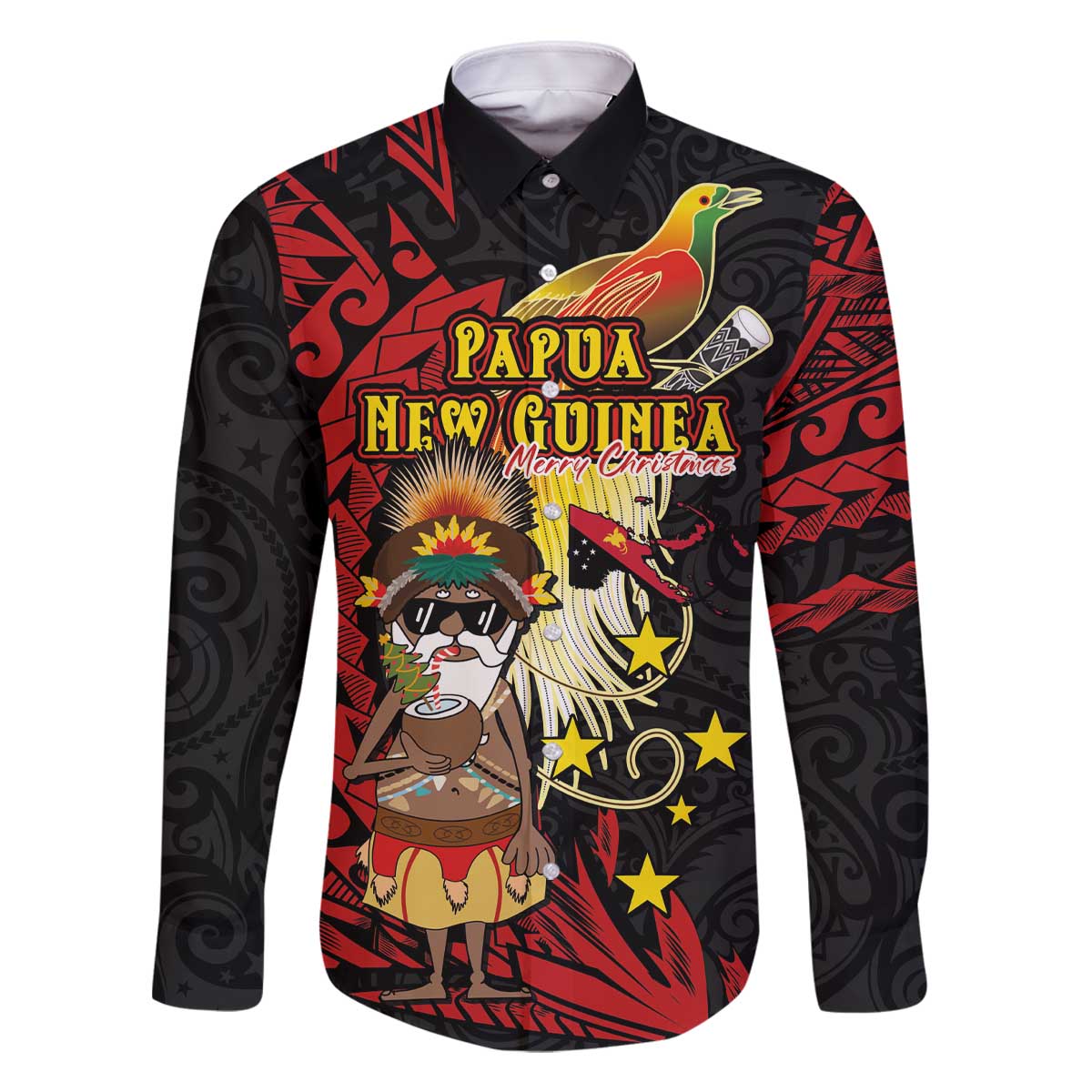 Papua New Guinea Christmas Family Matching Off The Shoulder Long Sleeve Dress and Hawaiian Shirt Funny Melanesian Santa with Bird-of-paradise Tribal Style - Polynesian Pride