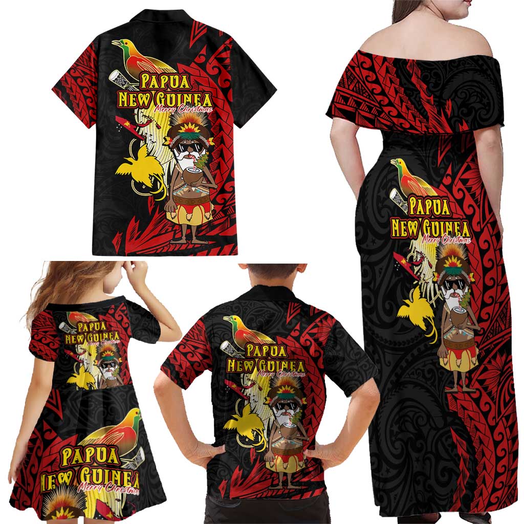 Papua New Guinea Christmas Family Matching Off Shoulder Maxi Dress and Hawaiian Shirt Funny Melanesian Santa with Bird-of-paradise Tribal Style - Polynesian Pride