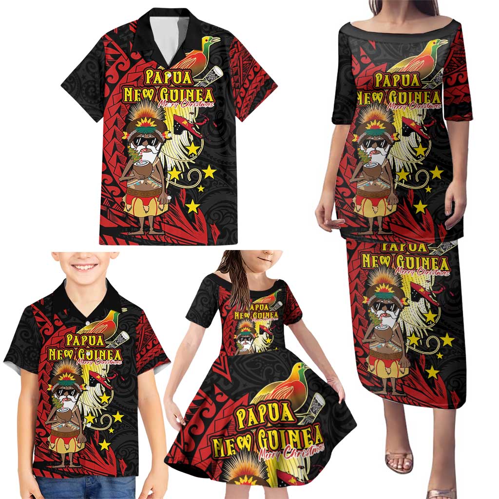 Papua New Guinea Christmas Family Matching Puletasi and Hawaiian Shirt Funny Melanesian Santa with Bird-of-paradise Tribal Style - Polynesian Pride