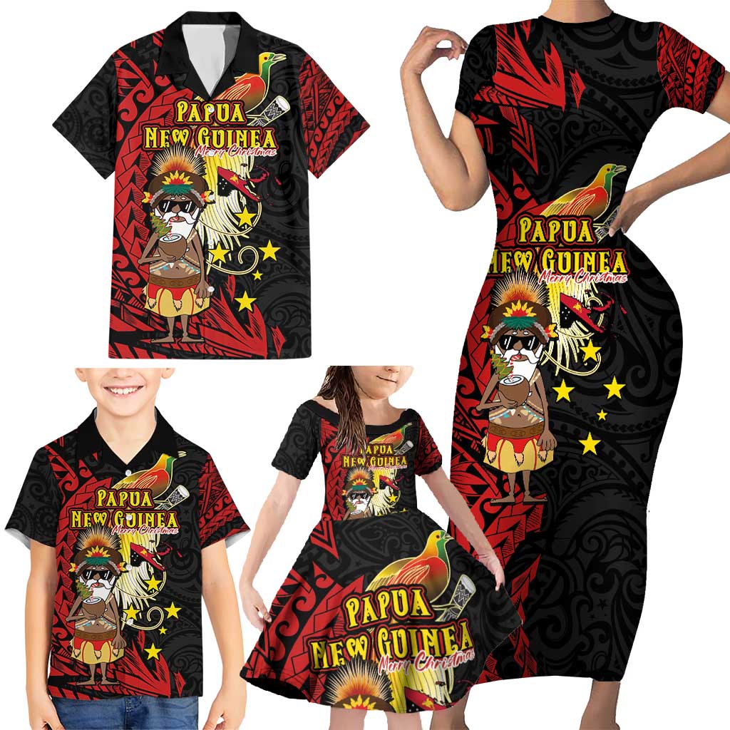 Papua New Guinea Christmas Family Matching Short Sleeve Bodycon Dress and Hawaiian Shirt Funny Melanesian Santa with Bird-of-paradise Tribal Style - Polynesian Pride