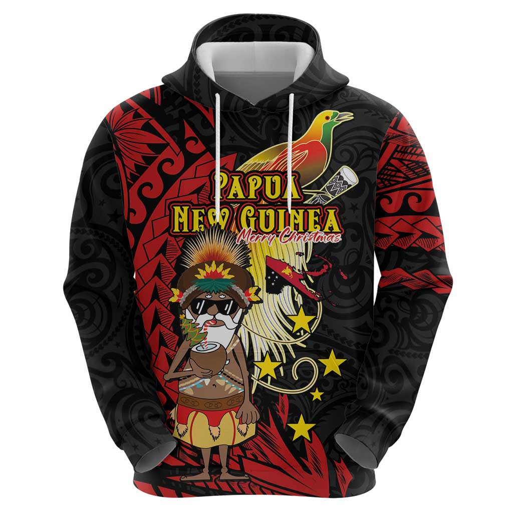 Papua New Guinea Christmas Hoodie Funny Melanesian Santa with Bird-of-paradise Tribal Style - Polynesian Pride