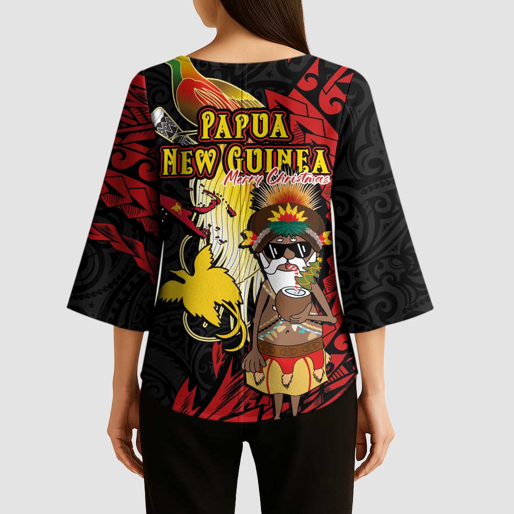 Papua New Guinea Christmas Kimono Sleeve Blouse Funny Melanesian Santa with Bird-of-paradise Tribal Style - Polynesian Pride