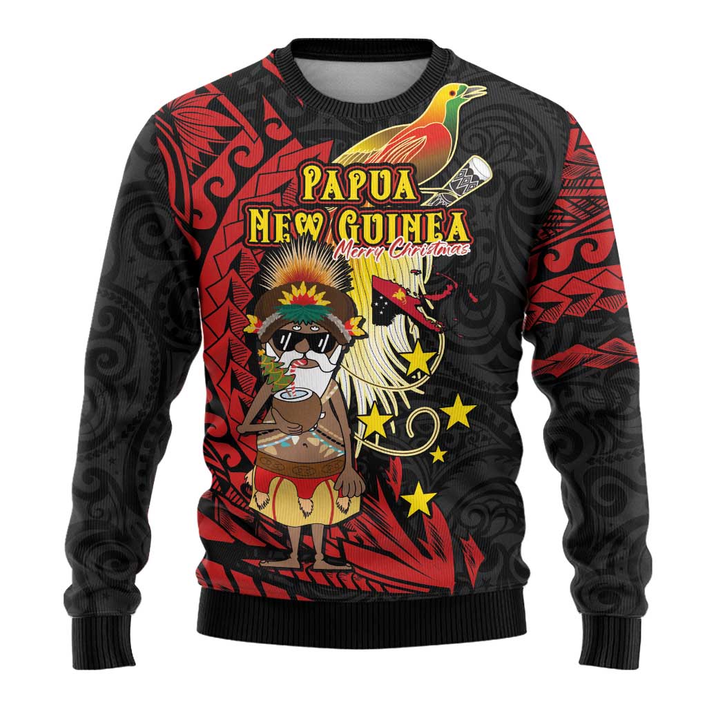 Papua New Guinea Christmas Ugly Christmas Sweater Funny Melanesian Santa with Bird-of-paradise Tribal Style - Polynesian Pride