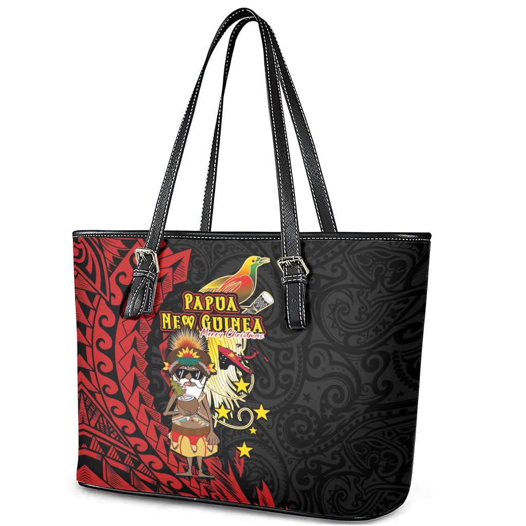 Papua New Guinea Christmas Leather Tote Bag Funny Melanesian Santa with Bird-of-paradise Tribal Style - Polynesian Pride