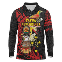 Papua New Guinea Christmas Long Sleeve Polo Shirt Funny Melanesian Santa with Bird-of-paradise Tribal Style - Polynesian Pride