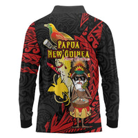 Papua New Guinea Christmas Long Sleeve Polo Shirt Funny Melanesian Santa with Bird-of-paradise Tribal Style - Polynesian Pride