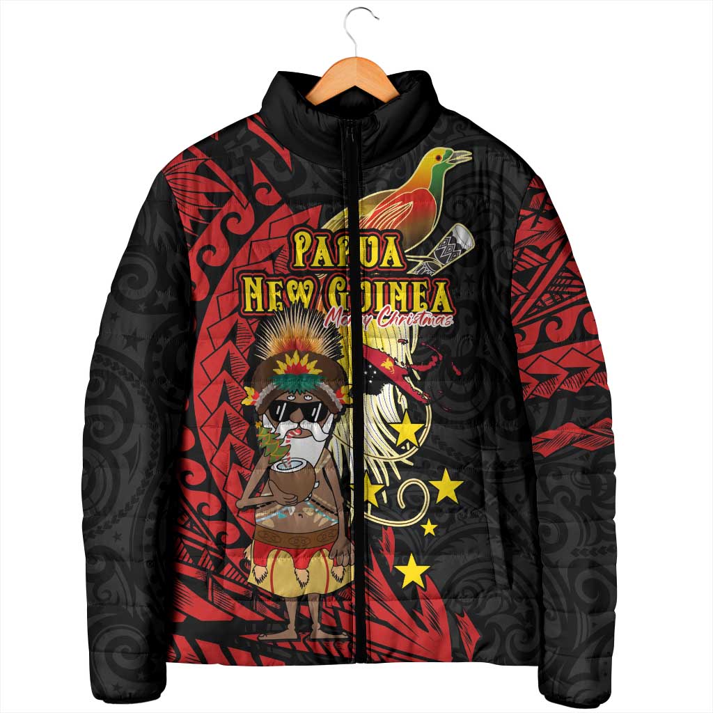 Papua New Guinea Christmas Padded Jacket Funny Melanesian Santa with Bird-of-paradise Tribal Style - Polynesian Pride