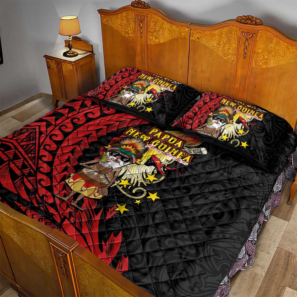 Papua New Guinea Christmas Quilt Bed Set Funny Melanesian Santa with Bird-of-paradise Tribal Style - Polynesian Pride