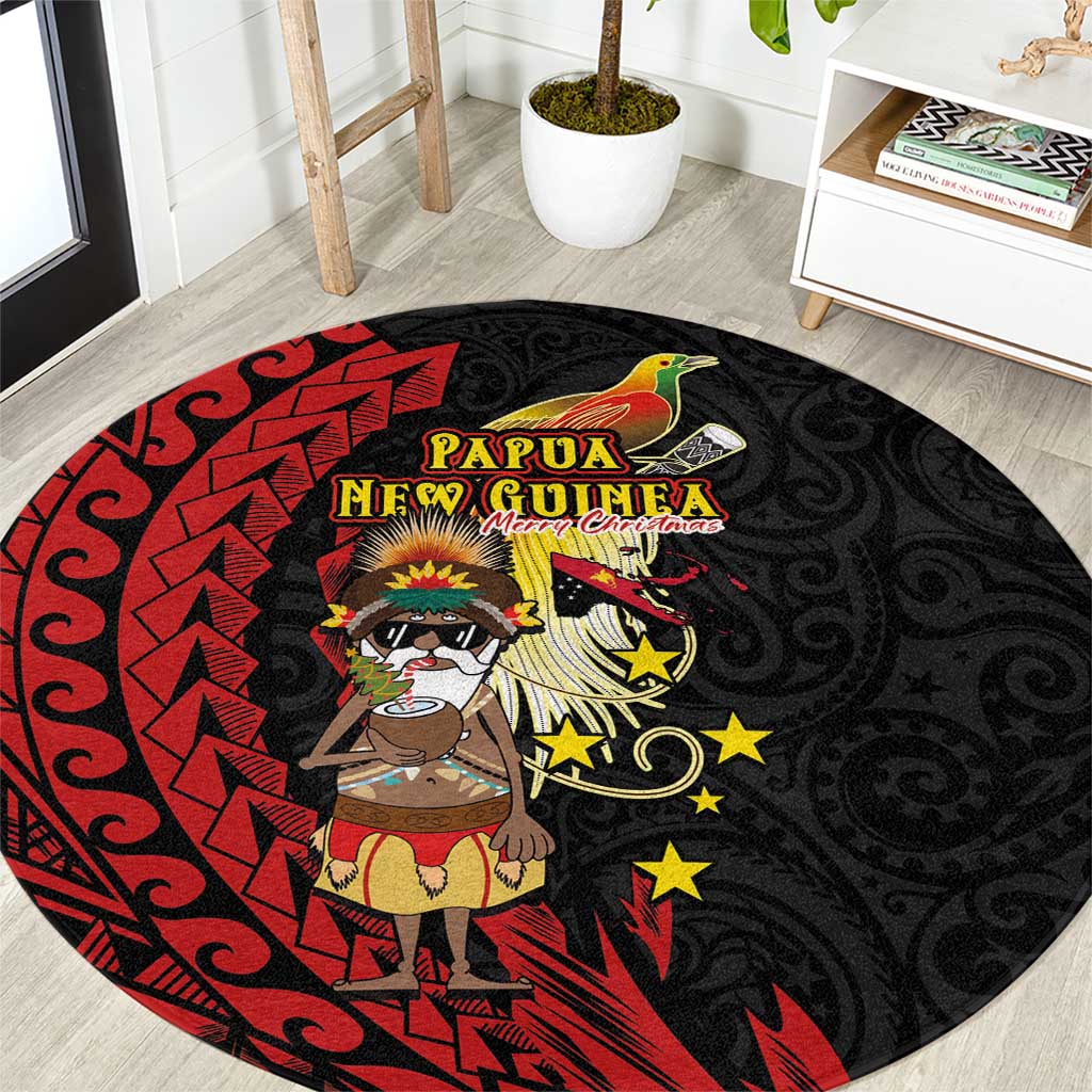 Papua New Guinea Christmas Round Carpet Funny Melanesian Santa with Bird-of-paradise Tribal Style - Polynesian Pride