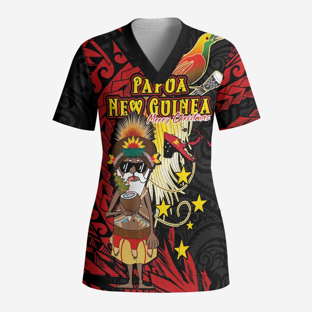 Papua New Guinea Christmas Scrub Top Funny Melanesian Santa with Bird-of-paradise Tribal Style - Polynesian Pride