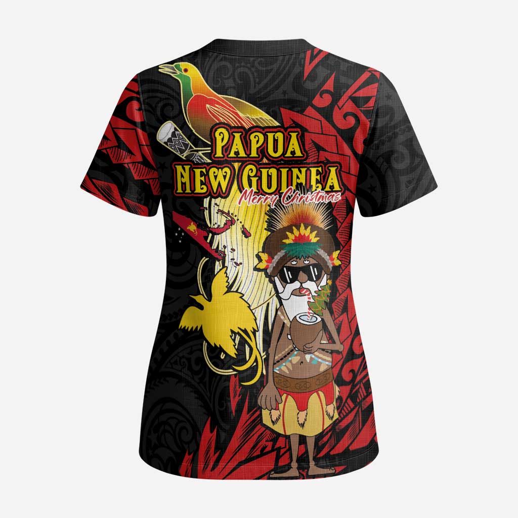 Papua New Guinea Christmas Scrub Top Funny Melanesian Santa with Bird-of-paradise Tribal Style - Polynesian Pride