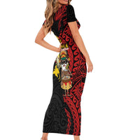 Papua New Guinea Christmas Short Sleeve Bodycon Dress Funny Melanesian Santa with Bird-of-paradise Tribal Style - Polynesian Pride
