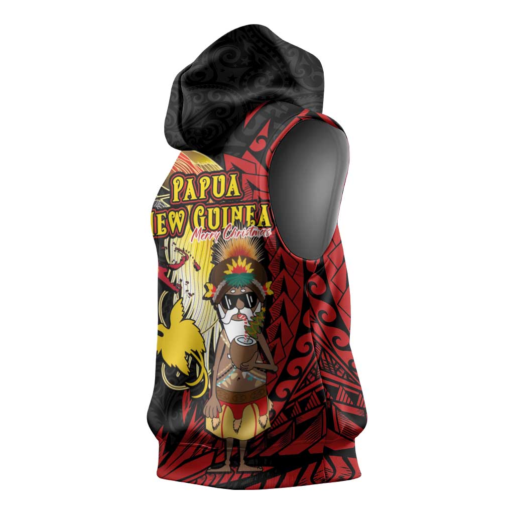 Papua New Guinea Christmas Sleeveless Hoodie Funny Melanesian Santa with Bird-of-paradise Tribal Style - Polynesian Pride