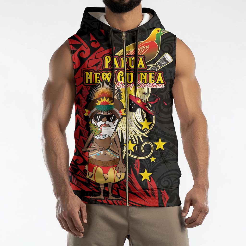 Papua New Guinea Christmas Sleeveless Zip Hoodie Funny Melanesian Santa with Bird-of-paradise Tribal Style - Polynesian Pride
