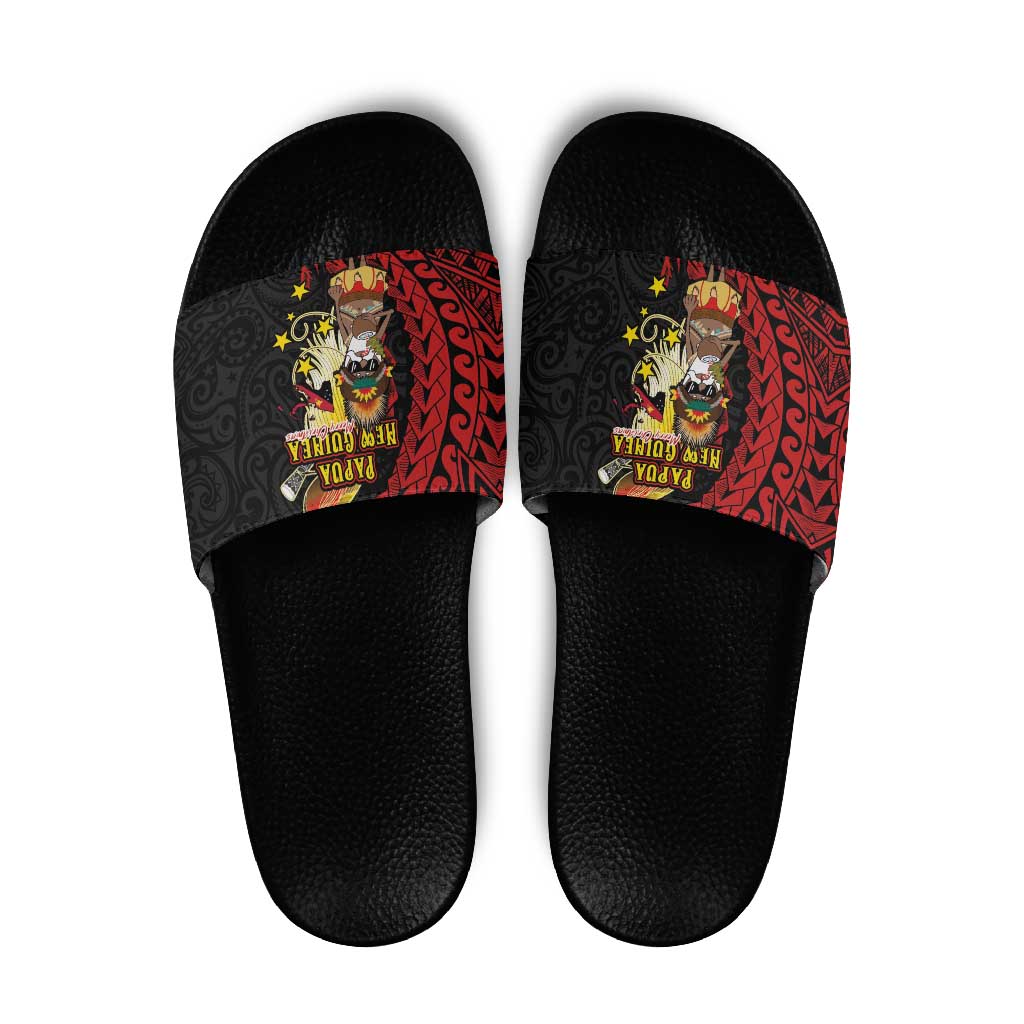 Papua New Guinea Christmas Slide Sandals Funny Melanesian Santa with Bird-of-paradise Tribal Style - Polynesian Pride