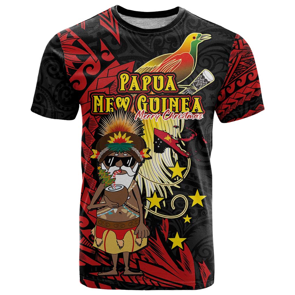 Papua New Guinea Christmas T Shirt Funny Melanesian Santa with Bird-of-paradise Tribal Style - Polynesian Pride