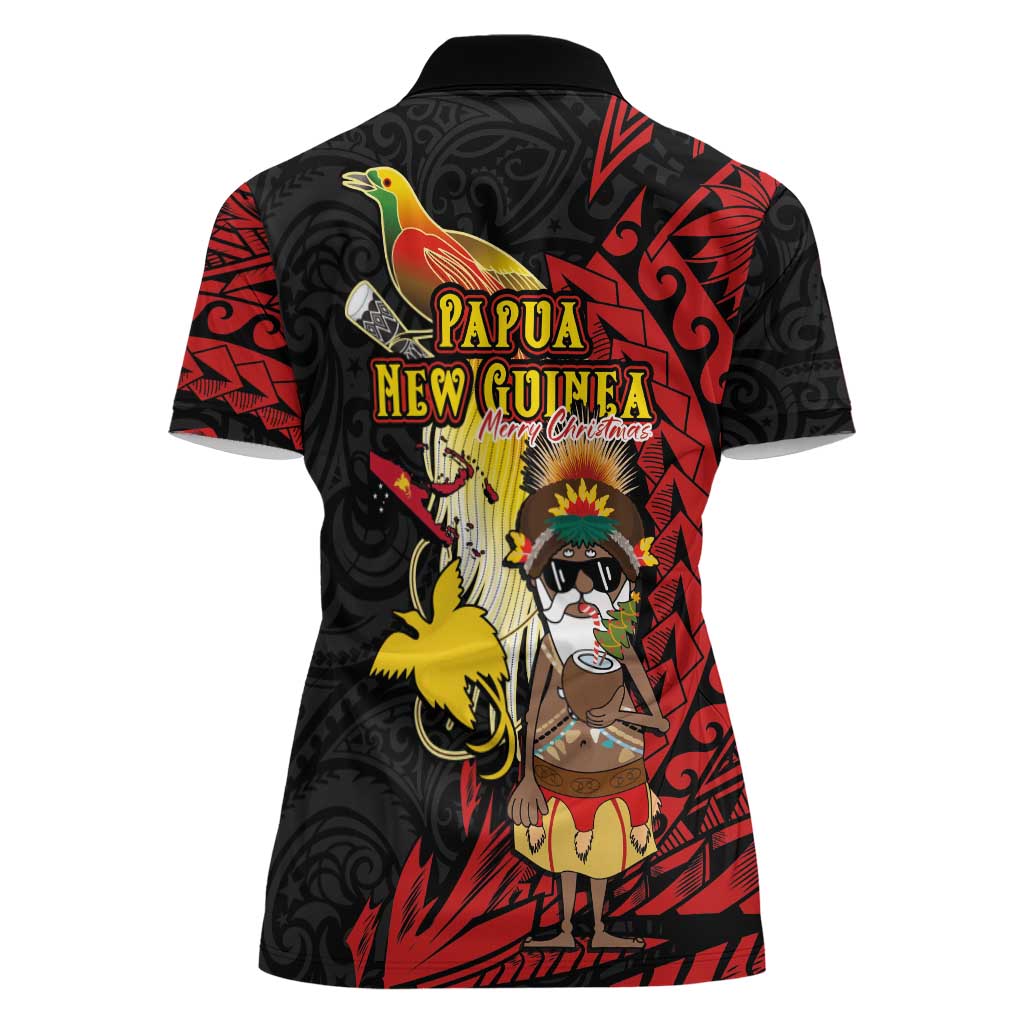 Papua New Guinea Christmas Women Polo Shirt Funny Melanesian Santa with Bird-of-paradise Tribal Style - Polynesian Pride
