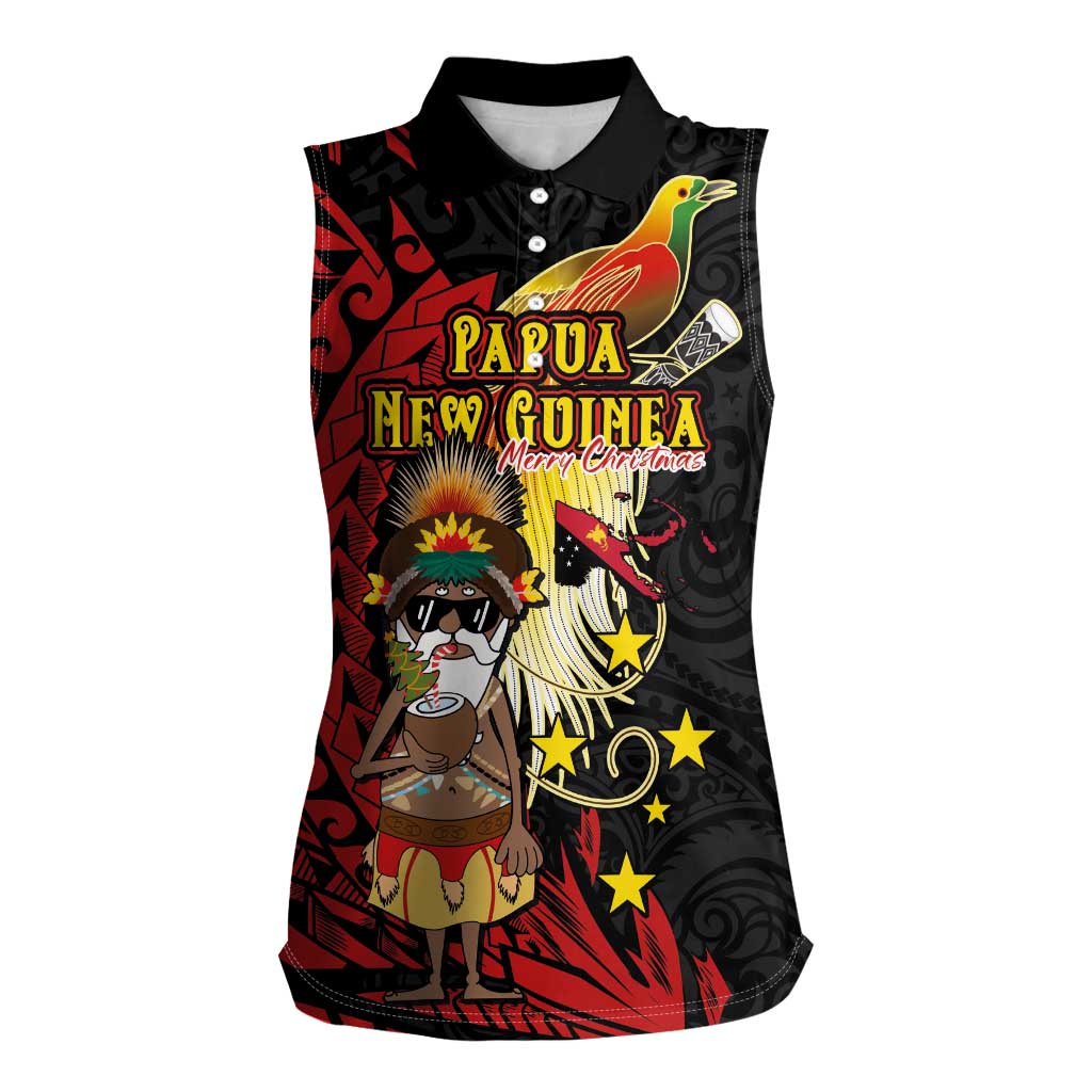 Papua New Guinea Christmas Women Sleeveless Polo Shirt Funny Melanesian Santa with Bird-of-paradise Tribal Style - Polynesian Pride