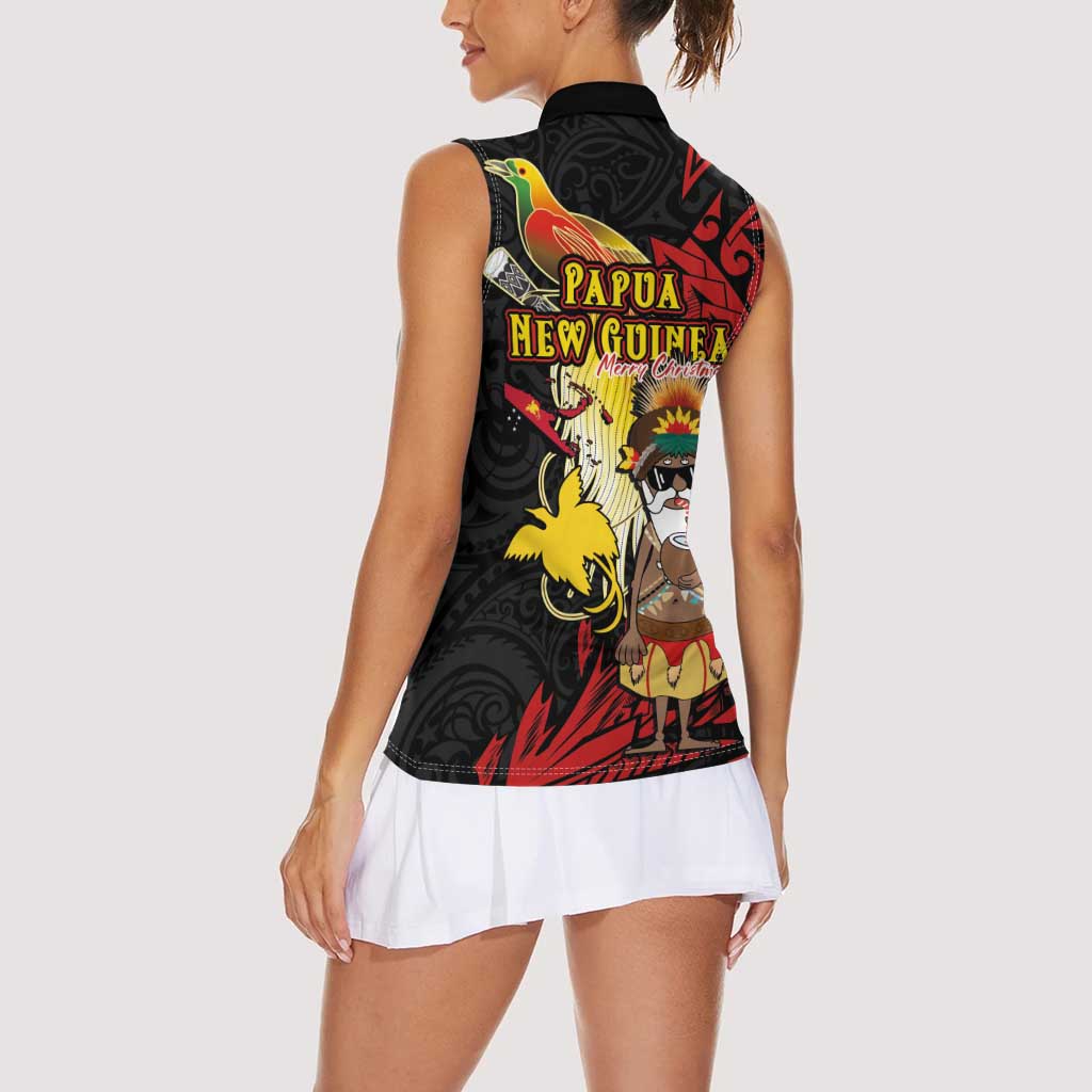 Papua New Guinea Christmas Women Sleeveless Polo Shirt Funny Melanesian Santa with Bird-of-paradise Tribal Style - Polynesian Pride
